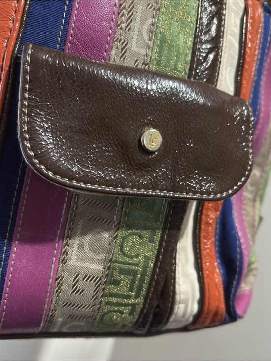 Y2K Vintage Colorful Striped Tote Bag Purse Brown Faux Patent Leather Trim Small - Picture 4 of 10